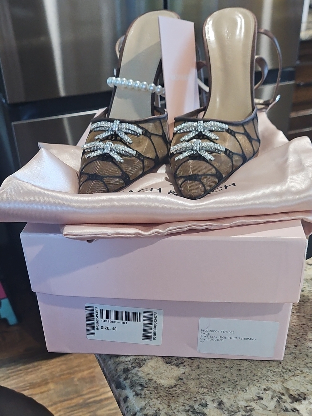 MACH & MACH Cappuccino Mesh Slingback Heels with Crystal Bow Accents,size 40